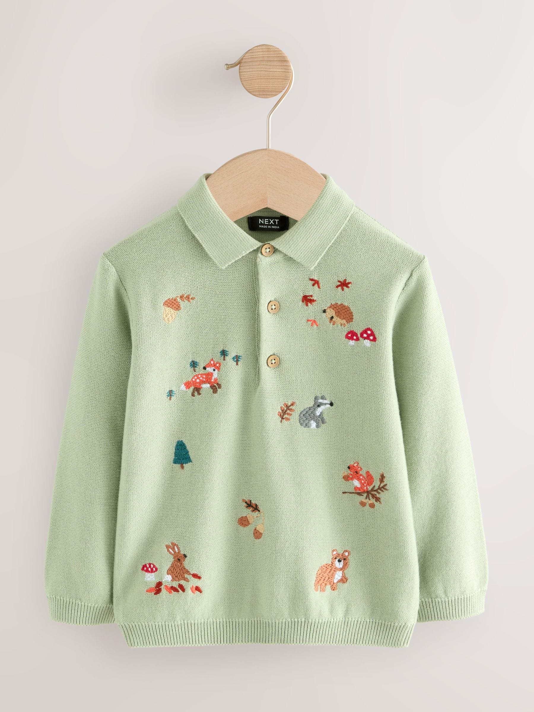Next：日本 セージグリーン - 全面刺繍入り ニットポロシャツ（3か月
