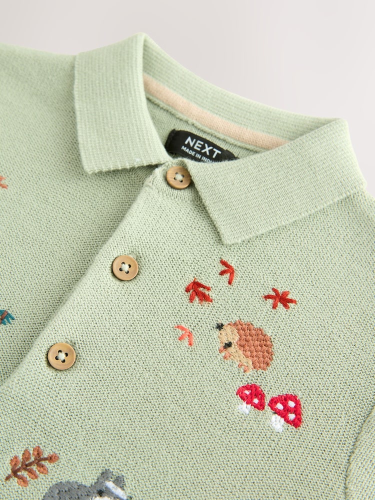 Sage Green All-Over Embroidered Knitted Polo Shirt (3mths-7yrs) - Image 8 of 8