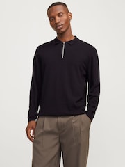 JACK & JONES Black Quarter Zip Knitted Polo Shirt - Image 1 of 5