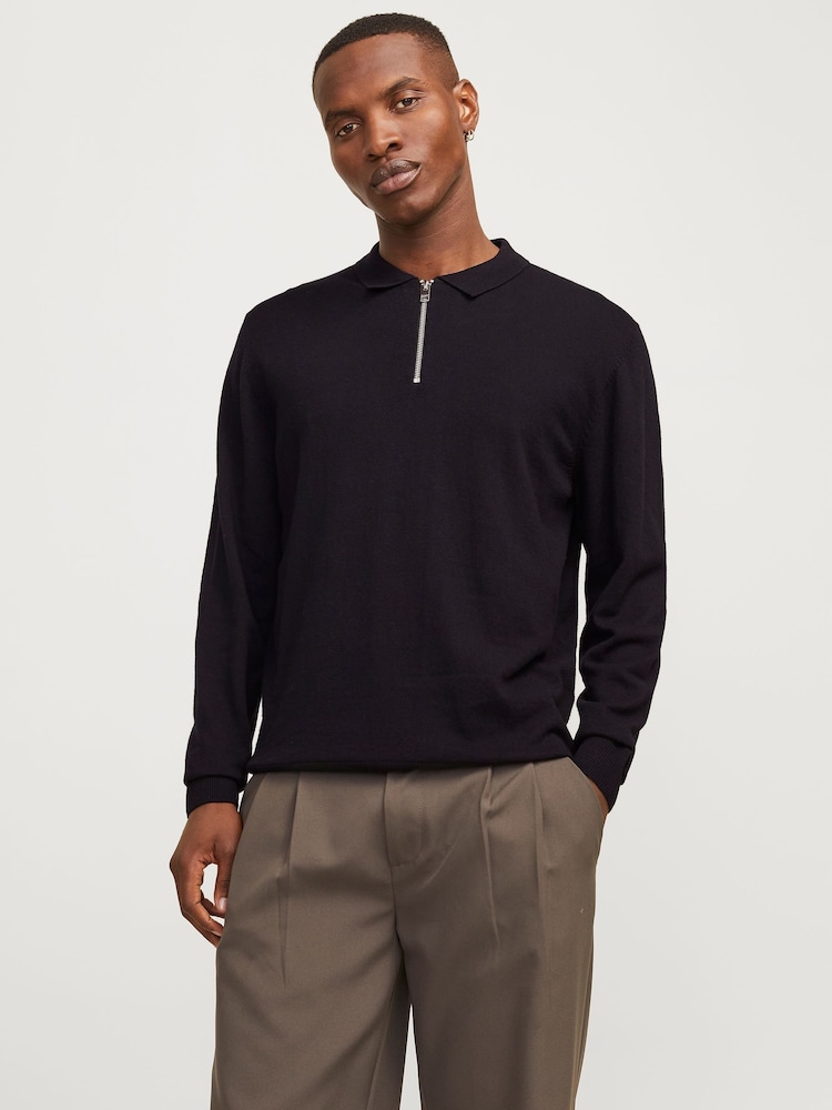 JACK & JONES Black Quarter Zip Knitted Polo Shirt - Image 1 of 5