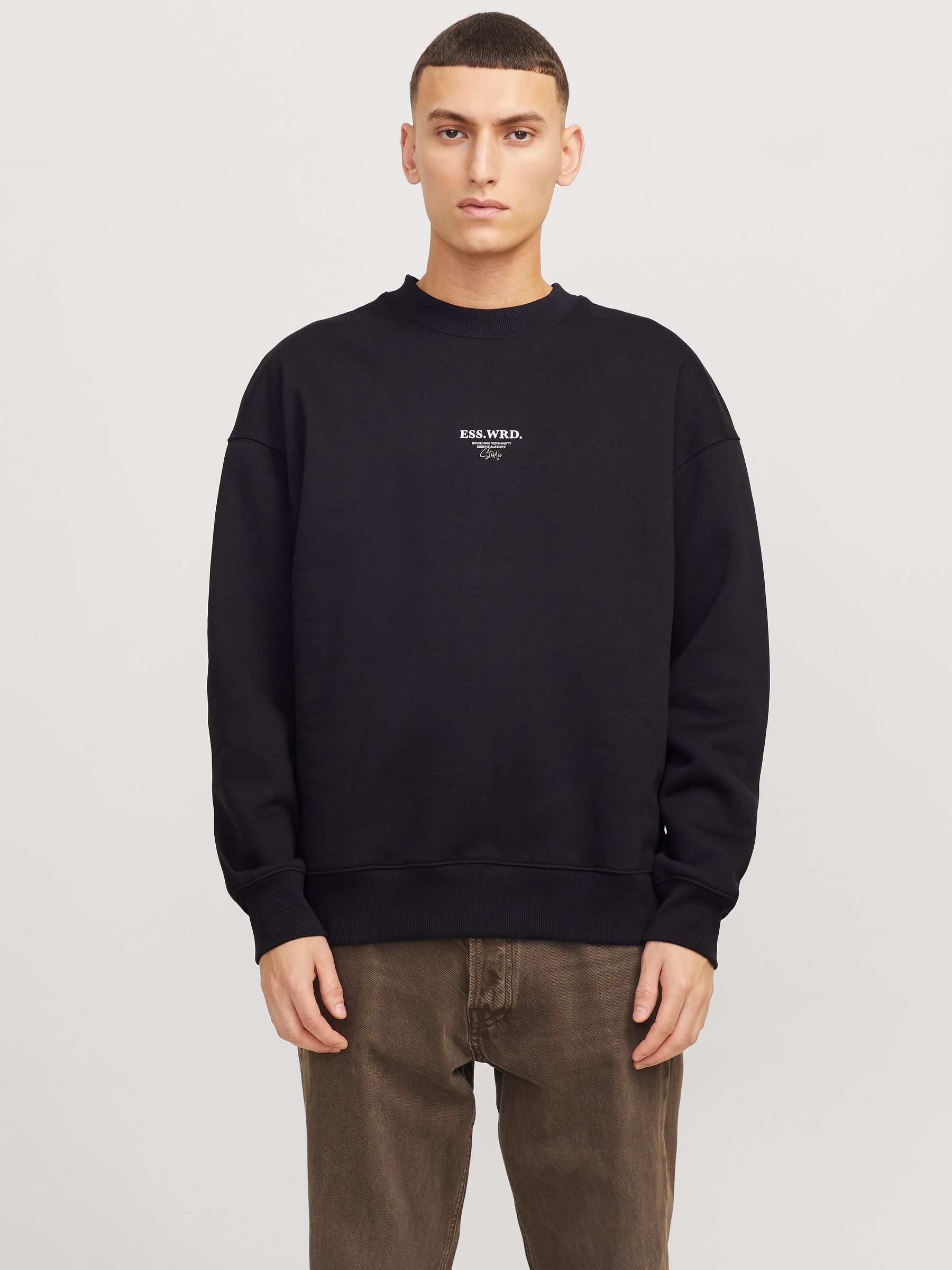 Buy JACK & JONES Black Oversized Back Print Crew Neck