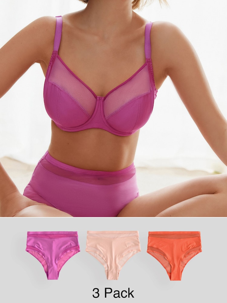 Vijolično-oranžna - Mesh Trim High Waist High Leg Knickers 3 Pack - Slika 1 iz 6 Vijolično-oranžna - Mesh Trim High Waist High Leg Knickers 3 Pack - Slika 1 iz 6