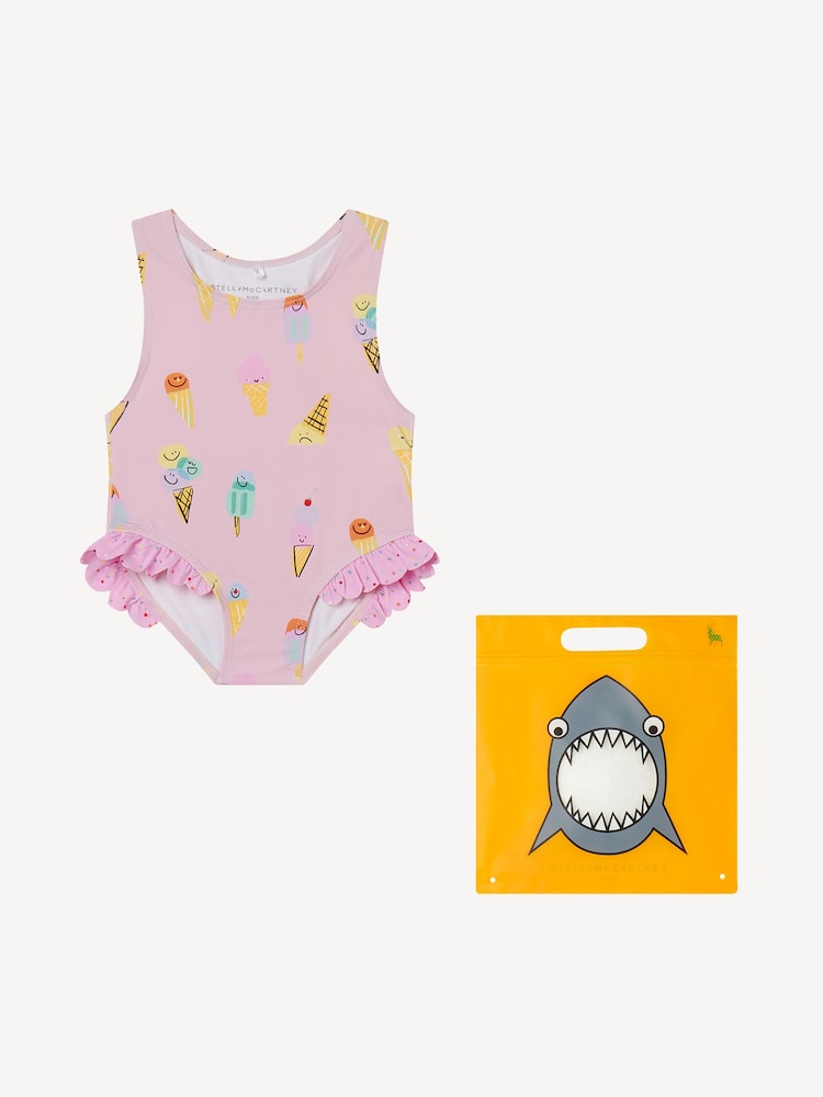 Stella McCartney Kids Pink All Over Ice Cream Print Baby Swimsuit With Frill Leg Detail - Image 1 of 1