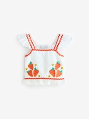 Stella McCartney Kids Strawbrerry Embroidered Woven Crop White Top With Frill Sleeve - صورة 1 من 1