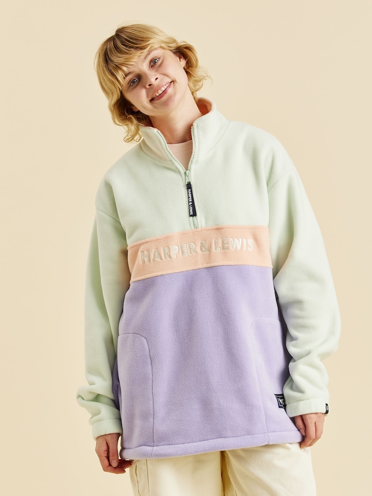 Harper & Lewis Green & Purple Mellow Quarter Zip Fleece - Image 1 of 3 Harper & Lewis Green & Purple Mellow Quarter Zip Fleece - Image 1 of 3
