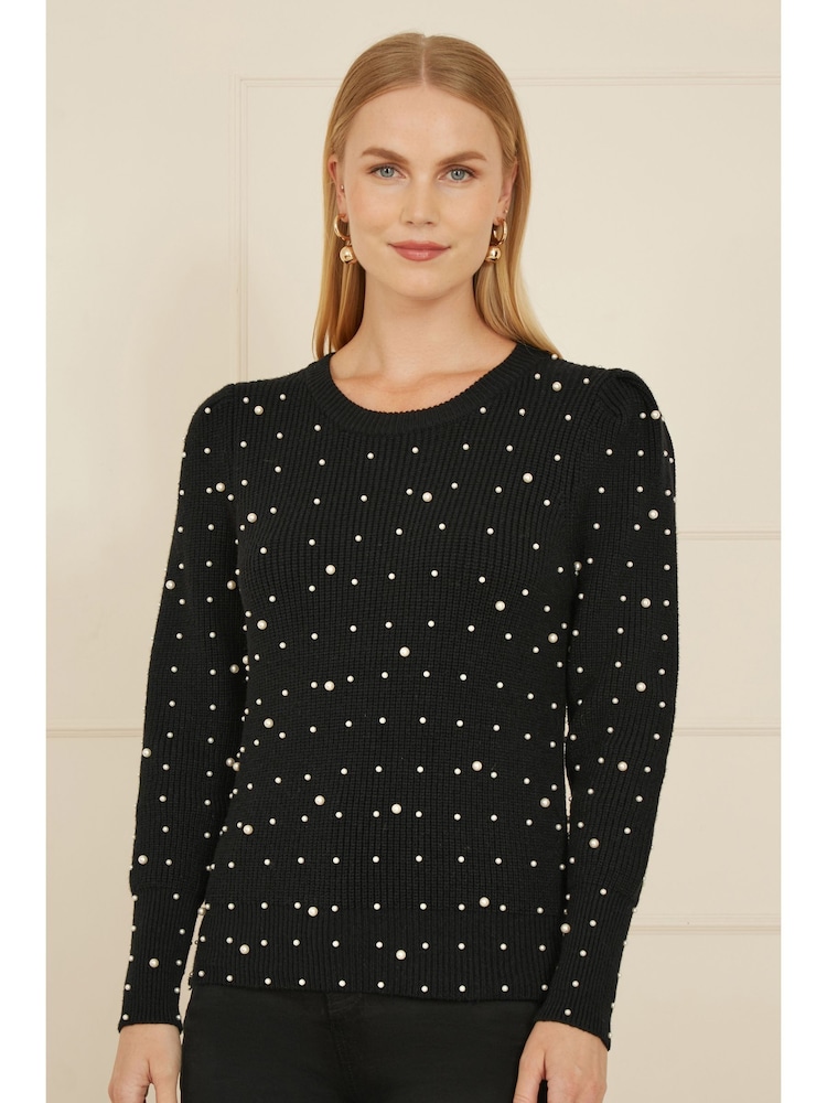 Yumi Black All Over Pearl Knitted Jumper - Image 1 of 5 Yumi Black All Over Pearl Knitted Jumper - Image 1 of 5