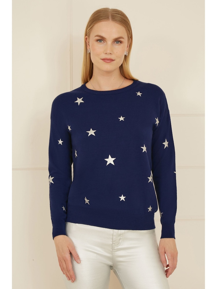 Yumi Blue Relaxed Fit Foil Star Print Jumper - Image 1 of 5 Yumi Blue Relaxed Fit Foil Star Print Jumper - Image 1 of 5