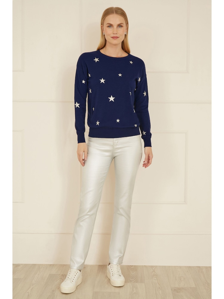 Yumi Blue Relaxed Fit Foil Star Print Jumper - Image 2 of 5