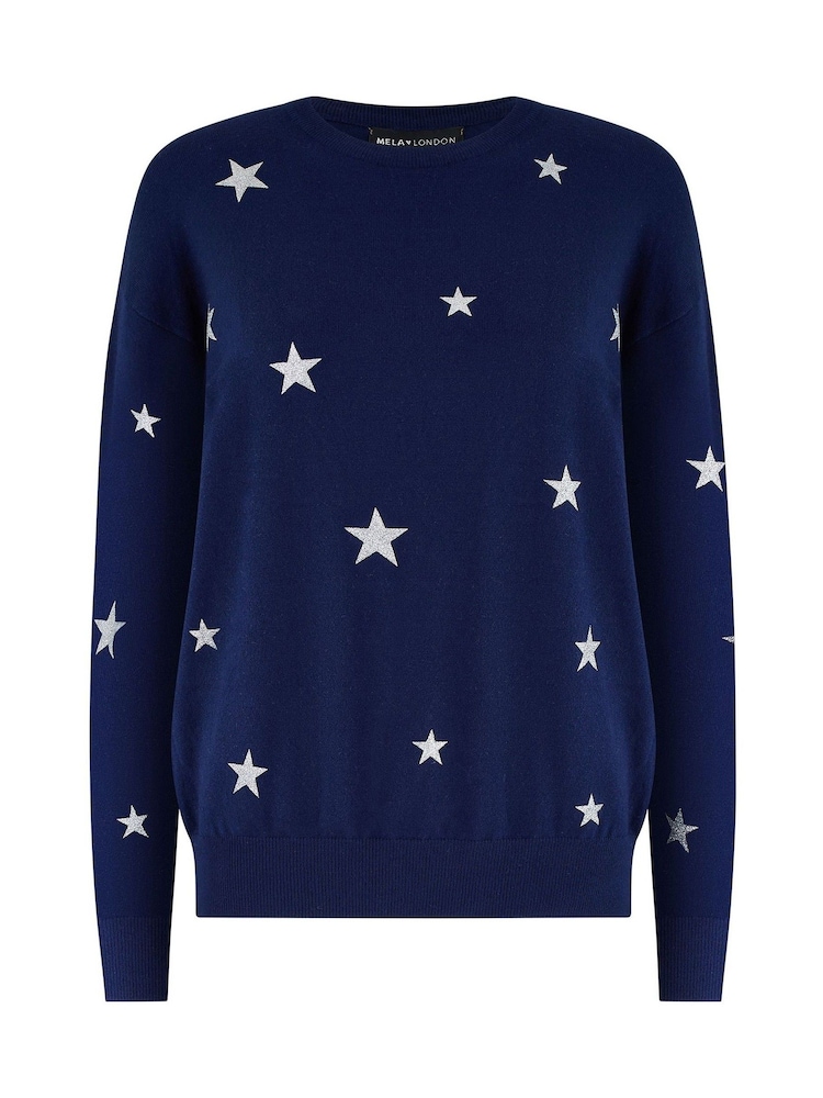 Yumi Blue Relaxed Fit Foil Star Print Jumper - Image 5 of 5