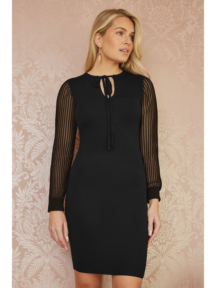 Yumi Black Rib Knit Fitted Dress With Sheer Sleeve Design - Image 2 of 5