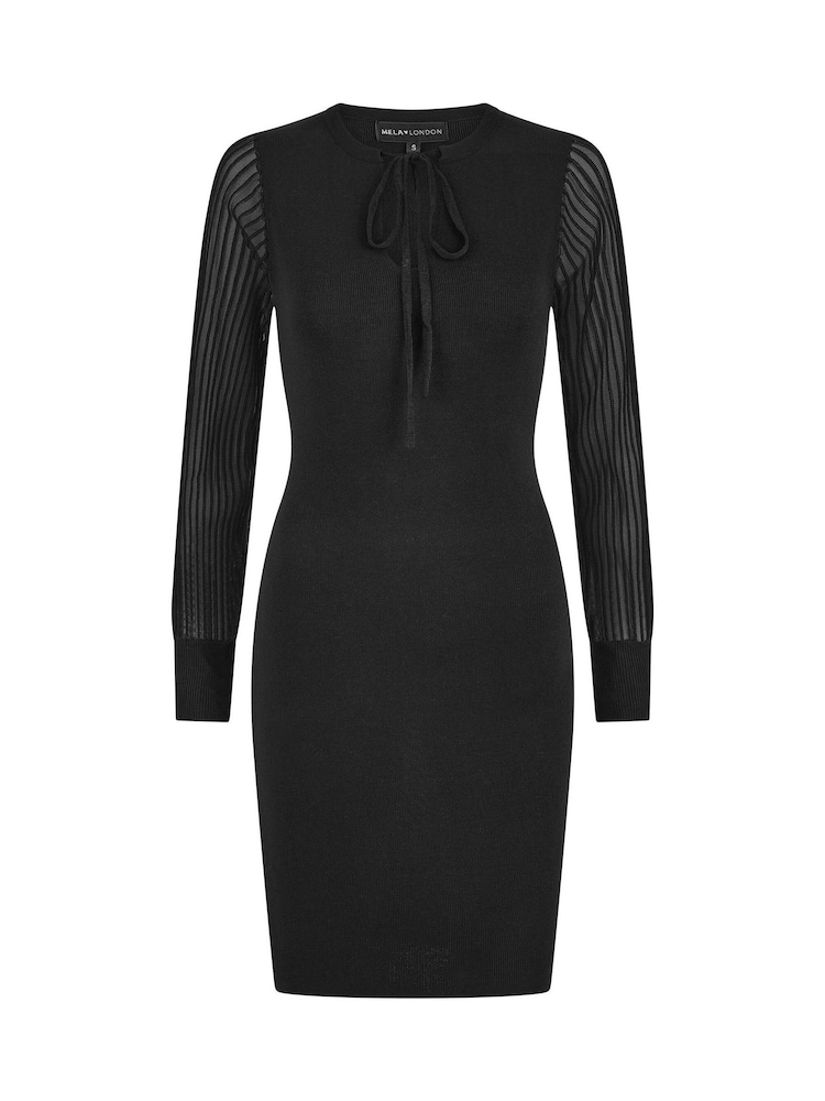 Yumi Black Rib Knit Fitted Dress With Sheer Sleeve Design - Image 5 of 5