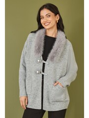 Yumi Cardigan With Detachable Faux Fur Collar Trim - Image 1 of 5