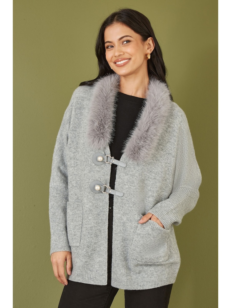 Yumi Grey Cardigan With Detachable Faux Fur Collar Trim - Image 1 of 5 Yumi Grey Cardigan With Detachable Faux Fur Collar Trim - Image 1 of 5
