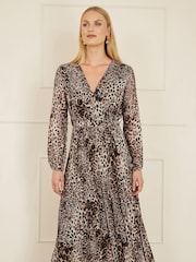 Yumi Brown Leopard Print Pleated Long Sleeve Wrap Midi Dress - Image 1 of 5