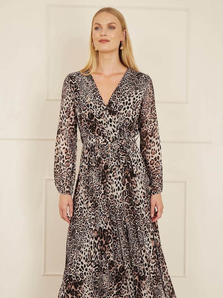 Yumi Brown Leopard Print Pleated Long Sleeve Wrap Midi Dress - Image 1 of 5