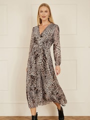Yumi Brown Leopard Print Pleated Long Sleeve Wrap Midi Dress - Image 2 of 5