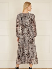 Yumi Brown Leopard Print Pleated Long Sleeve Wrap Midi Dress - Image 4 of 5