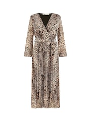 Yumi Brown Leopard Print Pleated Long Sleeve Wrap Midi Dress - Image 5 of 5