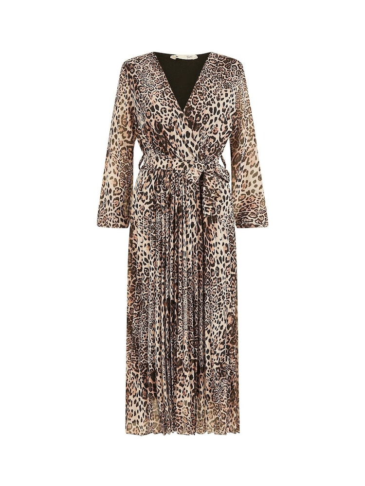 Yumi Brown Leopard Print Pleated Long Sleeve Wrap Midi Dress - Image 5 of 5