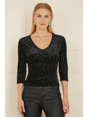 Yumi Black Velvet Leopard Print V-Neck Top - Image 1 of 4