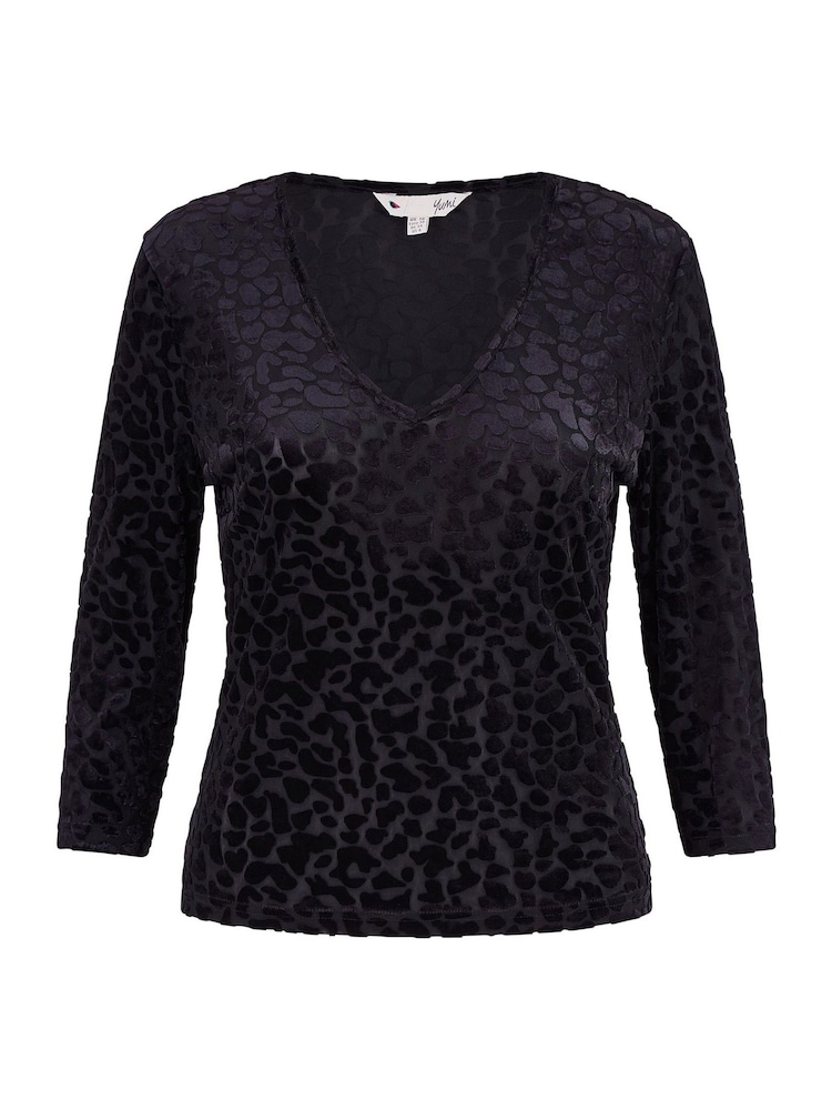 Yumi Black Velvet Leopard Print V-Neck Top - Image 4 of 4