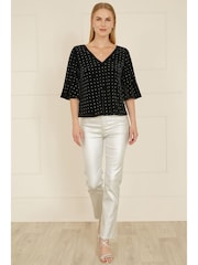 Yumi Black Relaxed Fit Stud Velvet Top With Fluted Sleeves - Image 2 of 5