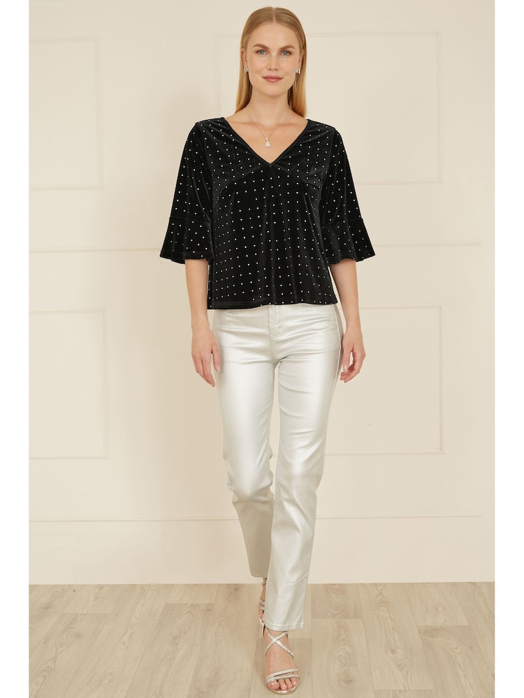 Yumi Black Relaxed Fit Stud Velvet Top With Fluted Sleeves - Image 2 of 5