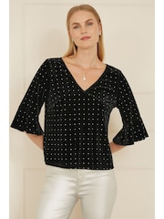 Yumi Black Relaxed Fit Stud Velvet Top With Fluted Sleeves - Image 3 of 5