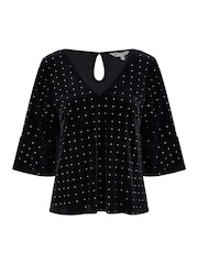 Yumi Black Relaxed Fit Stud Velvet Top With Fluted Sleeves - Image 5 of 5