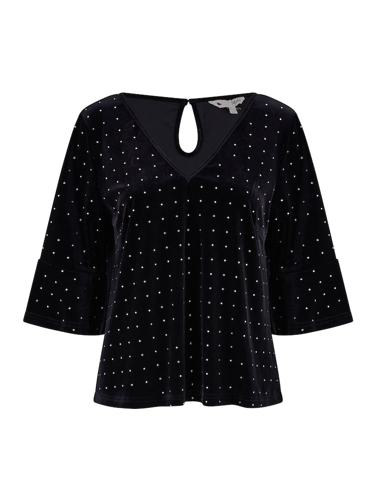 Yumi Black Relaxed Fit Stud Velvet Top With Fluted Sleeves - Image 5 of 5
