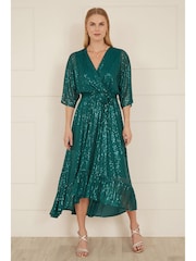Yumi Green Sequin Kimono Midi Wrap Dress - Image 1 of 5