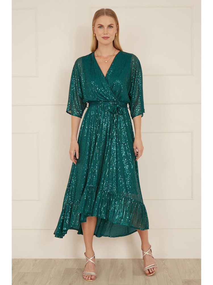 Verde - Vestido midi con diseño envolvente de lentejuelas estilo kimono de Yumi - Imagen 1 de 5 Verde - Vestido midi con diseño envolvente de lentejuelas estilo kimono de Yumi - Imagen 1 de 5
