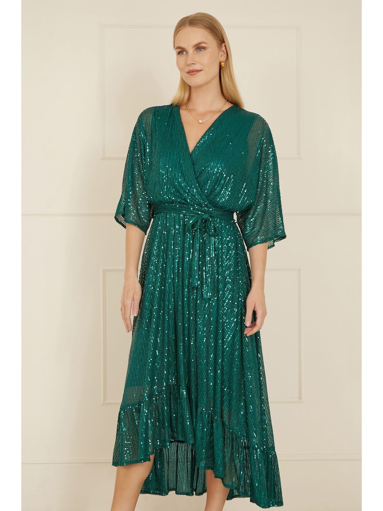 Yumi Green Sequin Kimono Midi Wrap Dress - Image 2 of 5
