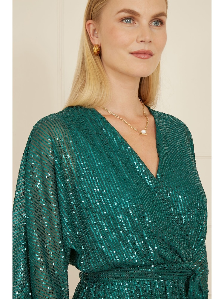 Yumi Green Sequin Kimono Midi Wrap Dress - Image 3 of 5