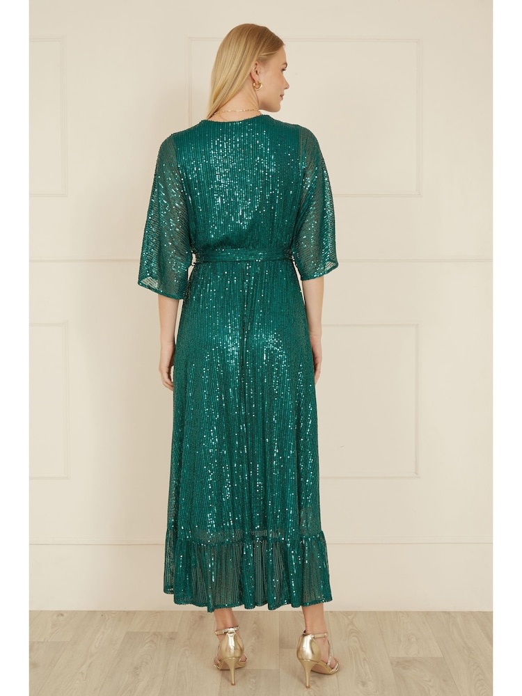 Yumi Green Sequin Kimono Midi Wrap Dress - Image 4 of 5