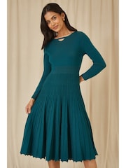 Yumi Blue Knitted Pleated Skater Dress With Notch Neckline - Image 1 of 5