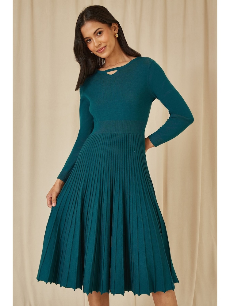 Yumi Blue Knitted Pleated Skater Dress With Notch Neckline - Image 1 of 5