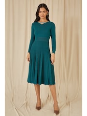 Yumi Blue Knitted Pleated Skater Dress With Notch Neckline - Image 2 of 5