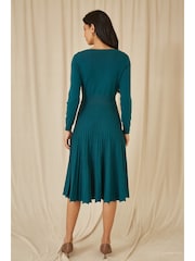 Yumi Blue Knitted Pleated Skater Dress With Notch Neckline - Image 4 of 5