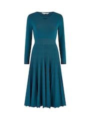 Yumi Blue Knitted Pleated Skater Dress With Notch Neckline - Image 5 of 5