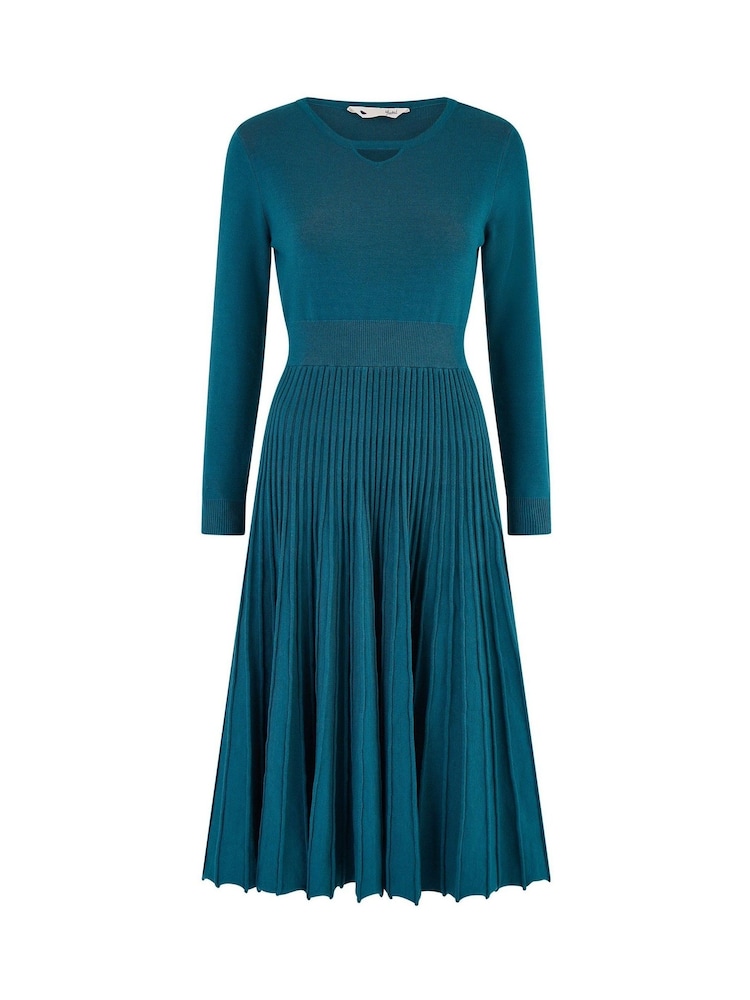 Yumi Blue Knitted Pleated Skater Dress With Notch Neckline - Image 5 of 5