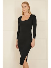 Yumi Black Fitted Knit Midi Dress With Side Split - Image 1 of 4