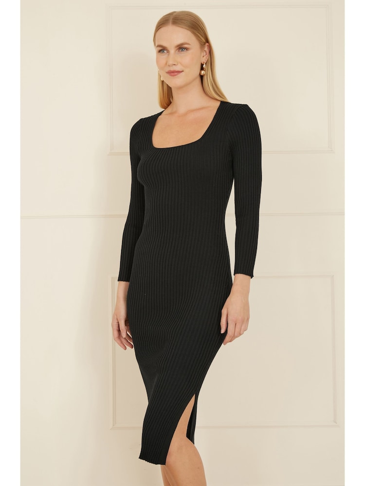 Yumi Black Fitted Knit Midi Dress With Side Split - Image 1 of 4