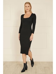 Yumi Black Fitted Knit Midi Dress With Side Split - Image 2 of 4