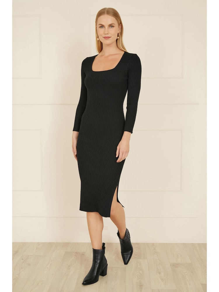 Yumi Black Fitted Knit Midi Dress With Side Split - Image 2 of 4