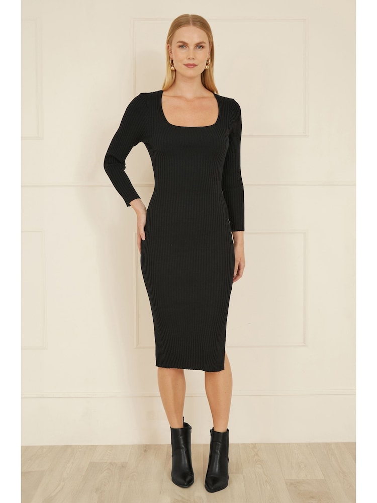 Yumi Black Fitted Knit Midi Dress With Side Split - Image 3 of 4
