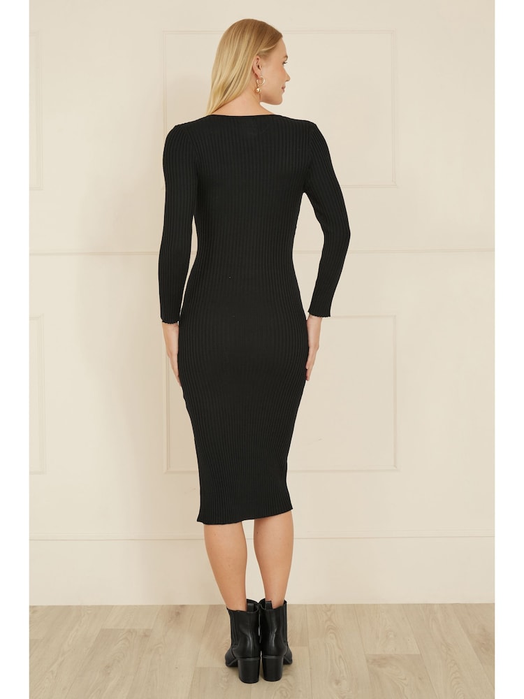 Yumi Black Fitted Knit Midi Dress With Side Split - Image 4 of 4