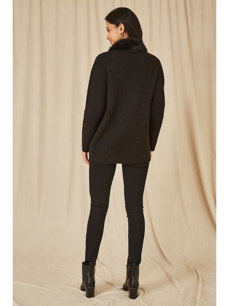 Yumi Black Cardigan With Detachable Faux Fur Collar Trim - Image 4 of 5