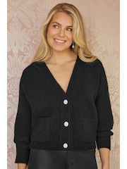 črna - Yumi Daisy Button Knitted Relaxed Fit pletena jopa - Slika 1 iz 5