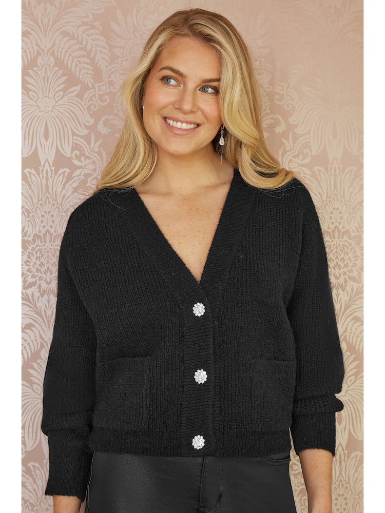 črna - Yumi Daisy Button Knitted Relaxed Fit pletena jopa - Slika 1 iz 5